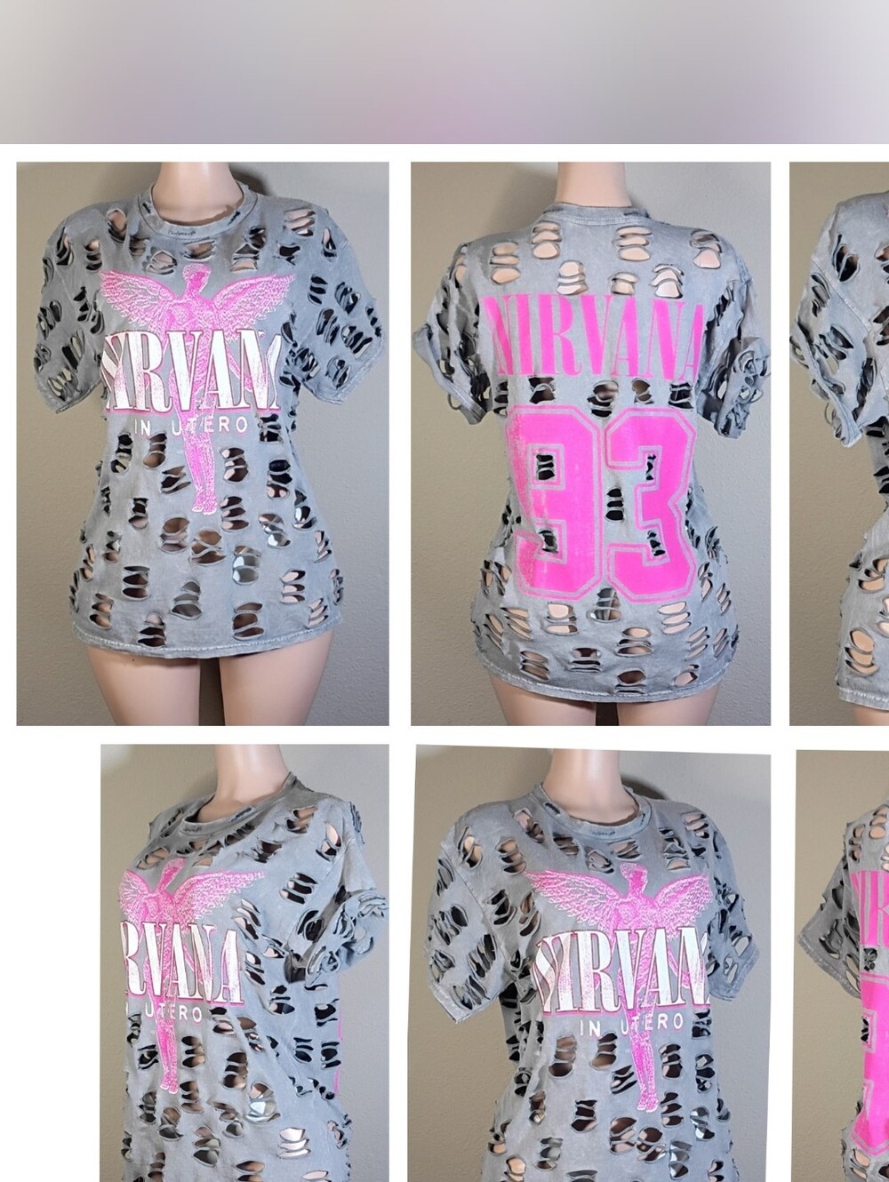 NIRVANA Gray Custom Distressed Tee with Hot Pink Logo & Number 93